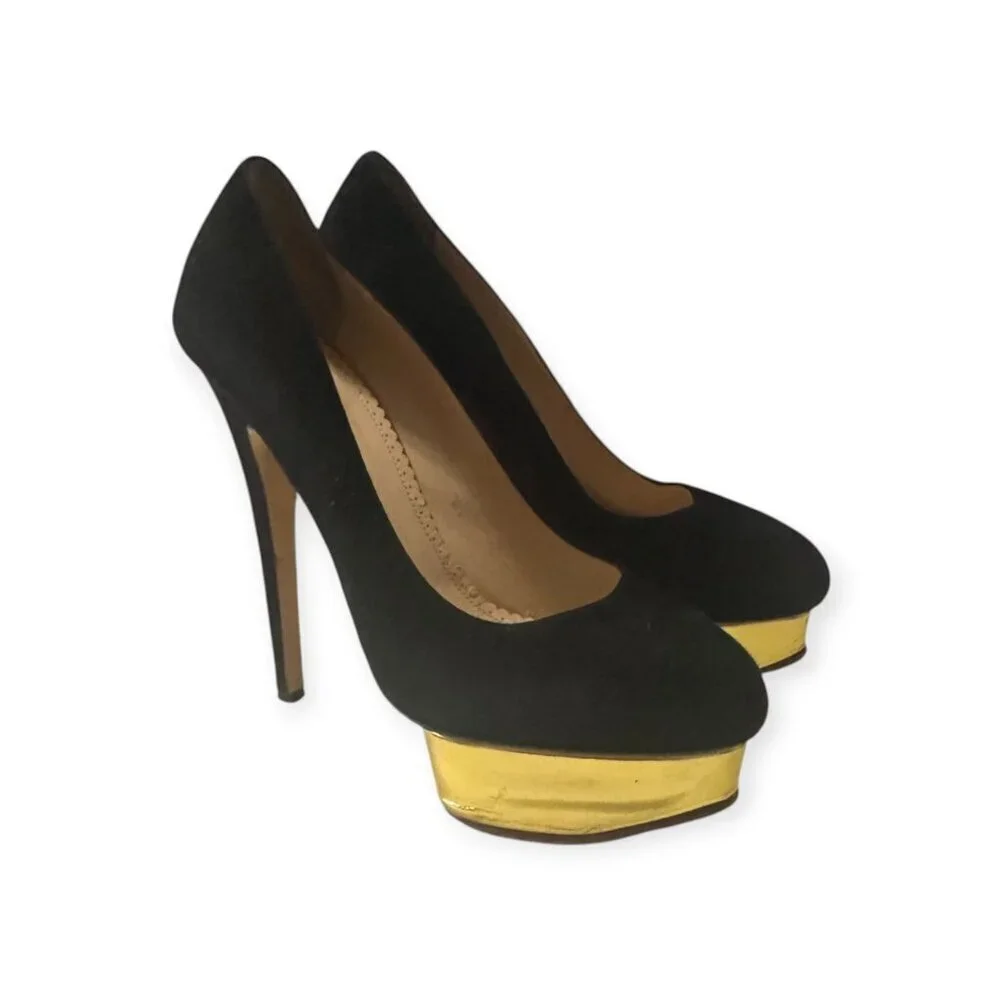 Charlotte Olympia Dolly Platform Pumps, Black Suede-Gold Leather, 38.5 EU